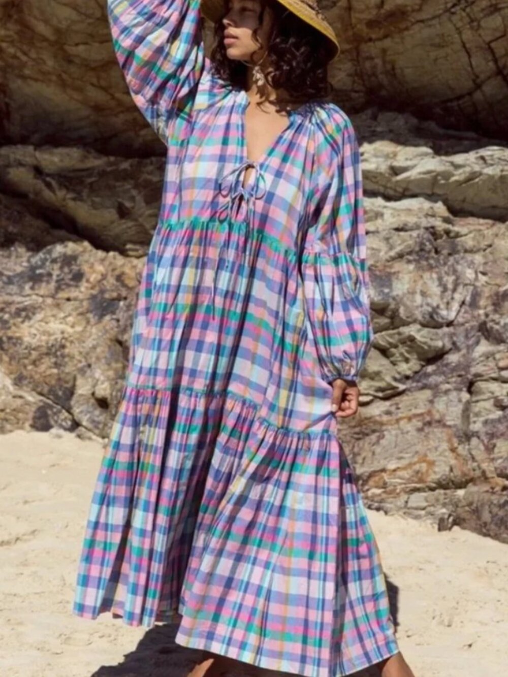 LITTLE TIENDA MONTHLY SUBSCRIPTION DRESS LONG SLEEVE BOHO MAXI PLAID XL POCKETS